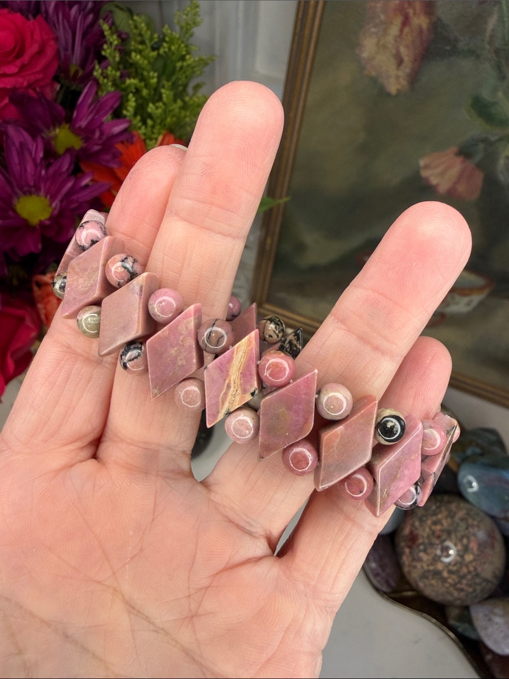 Rhodonite Natural Stone Statement Bracelet • 7” • B1348